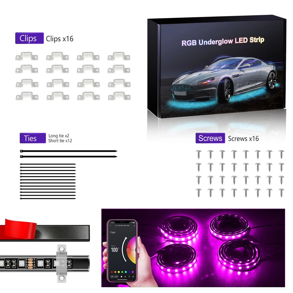 RGB Car Underglow Strip Lights with App Control Waterproof Strip Lights for Cart Boat Decoration LED Exterior Lights Strip DC12V