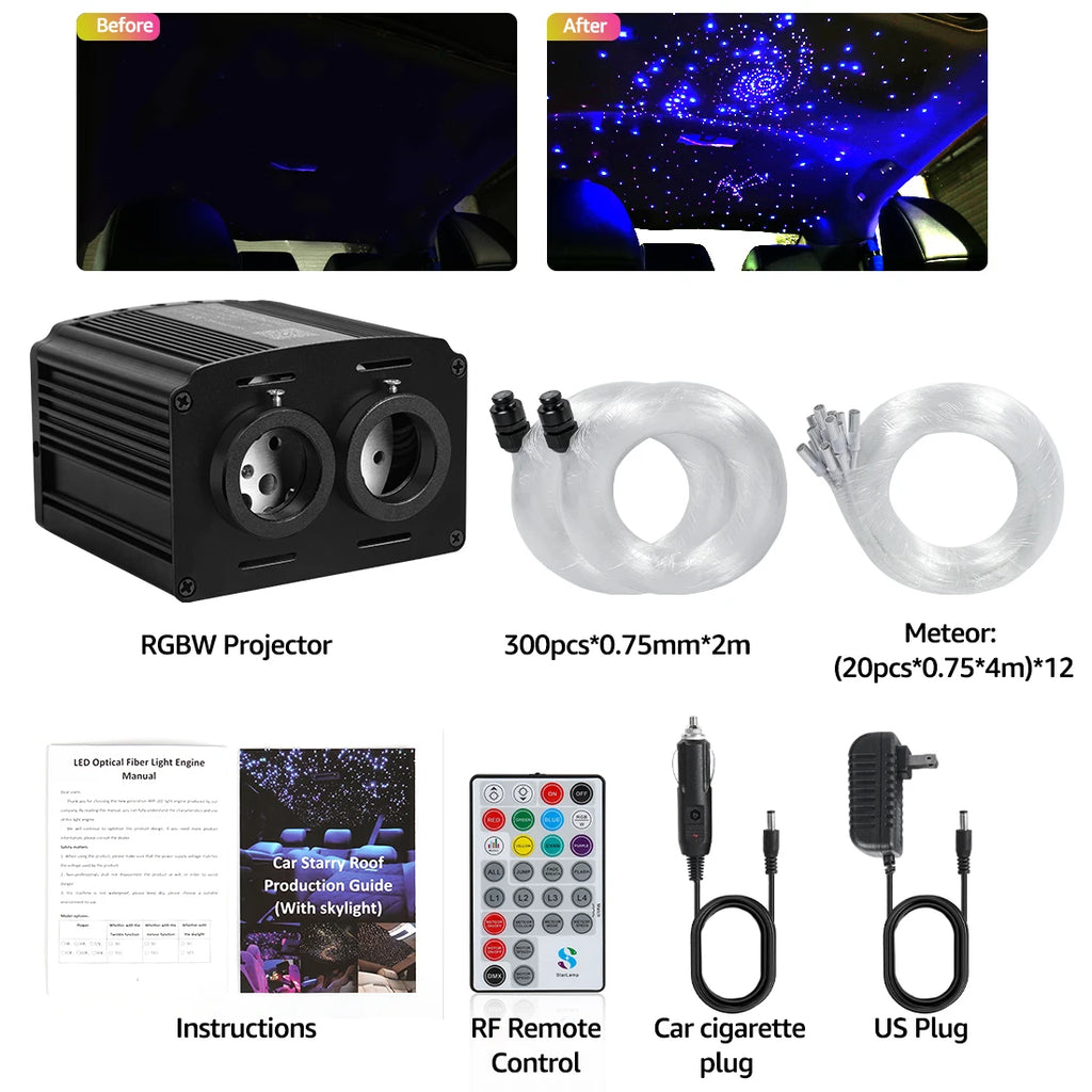 32W Twinkle Starlight Headliner Kit Dual Port RGBW Starry Sky Ceiling Light 450 Fiber Optic For Car Home APP/Remote Controlled