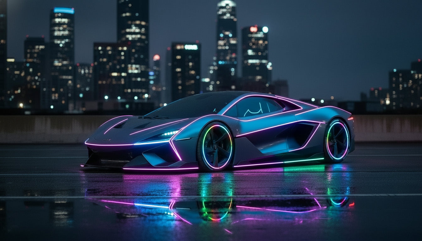 Futuristic car with neon lights on a reflective surface at night, city skyline in the background